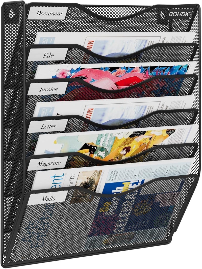 BOHDK Wall File Organizer, 6 Tier Hanging File Folder Mail Organizer, Vertical Mesh Metal Wall Mount Hanging File Holder, Paper Document Magazine Rack for Home Office Black - Image 1